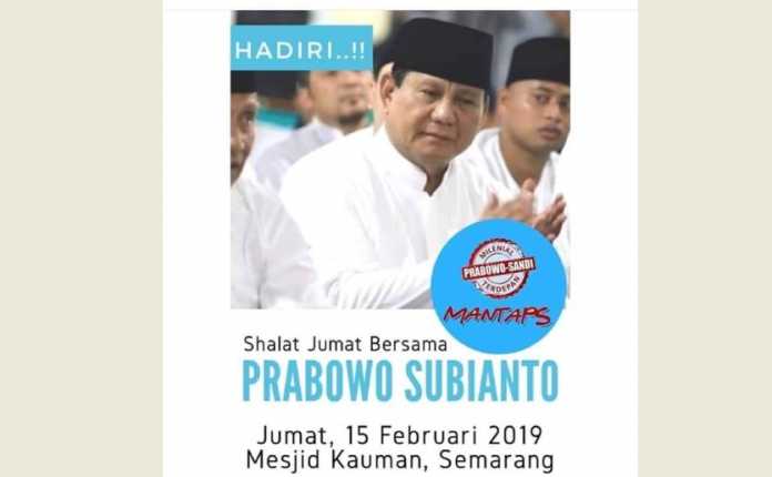 Poster berisi ajakan Salat Jumat bersama Prabowo di Masjid Kauman, Semarang. (Foto: istimewa)