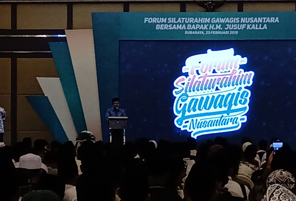 Jusuf Kalla, usai menghadiri Forum Silaturahim Gawagis Nusantara, di Hotel Whyndam, Surabaya, Sabtu, 23 Februari 2019. (Foto: Farid/ngopibareng.id)