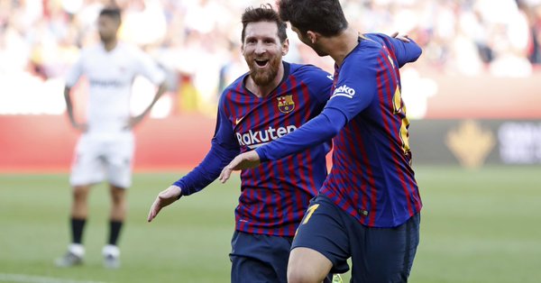 Messi mencetak hattrick, Suarez cetak gol indah saat Barcelona tekuk Sevilla 4-2 di laga lanjutan La Liga 2018-2019. (Foto: Twitter/@Barcelona)