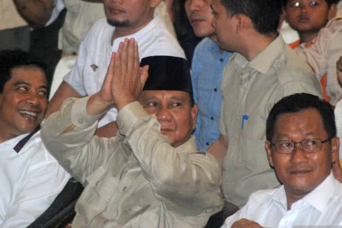 Capres nomor urut 02, Prabowo Subianto saat dialog kebangsaan di GOR Kota Mojokerto. (Foto: antara)