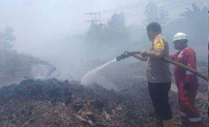 Petugas berusaha memadamkan api yang menjalar di lahan konsesi perusahaan minyak PT Chevron Pacific Indonesia. (Foto:GoRiau)