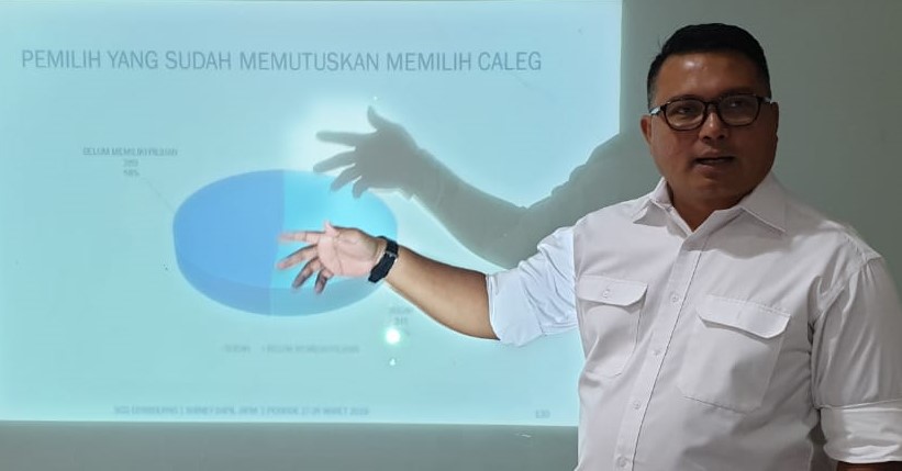 Direktur Eksekutif SCG Research and Consulting, Didik Prasetiyono saat menjelaskan hasil surveinya, Jumat 5 April 2019. (Foto: Istimewa)