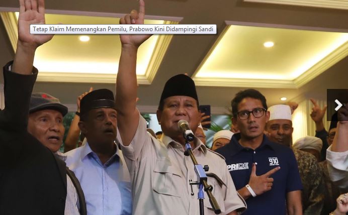 Deklarasi kemenangan Prabowo Subianto bersama dengan Sandiaga Uno. (Foto: Tribunnews)