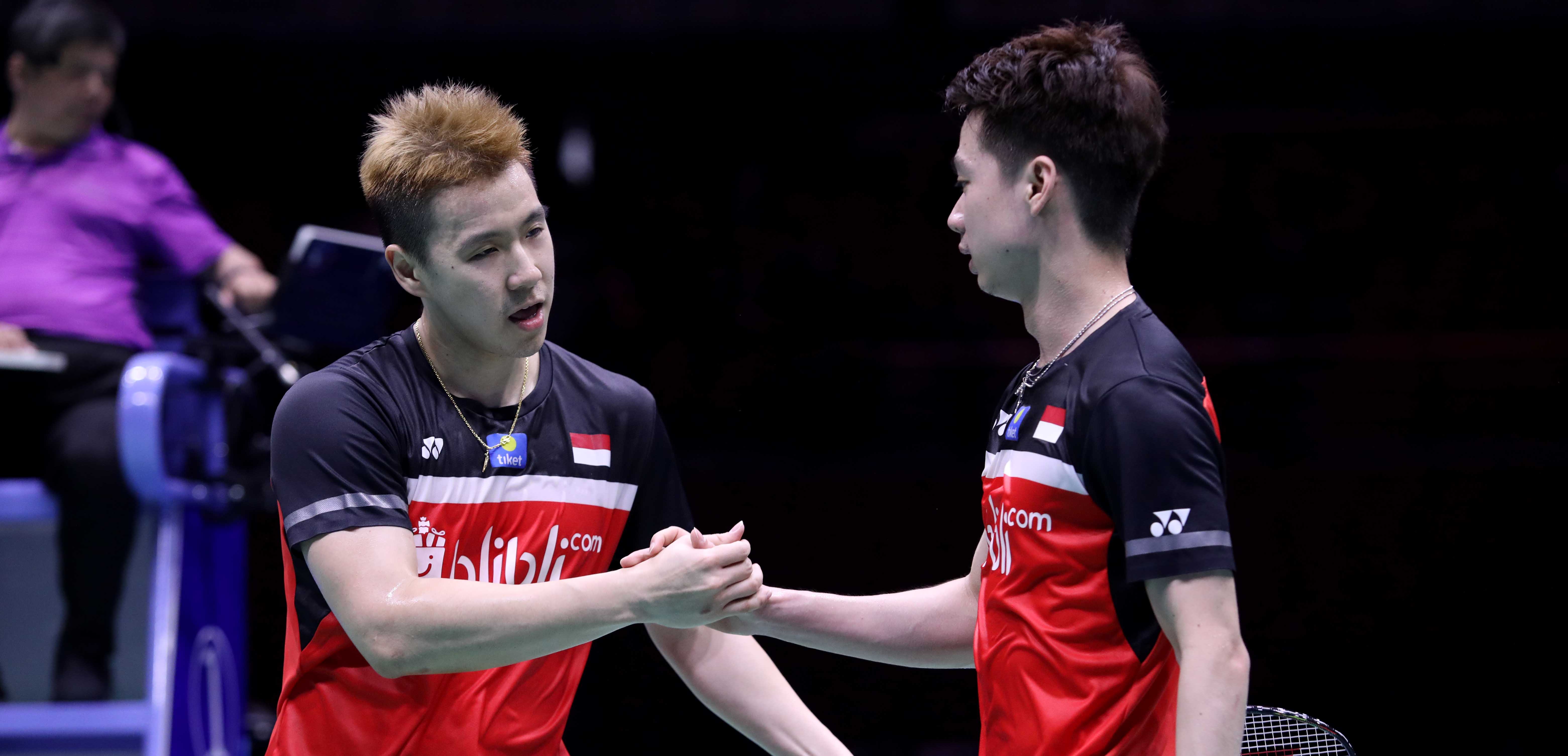 Kevin/Marcus usai pertandingan di semifinal Kejuaraan Asia 2019. (Foto: PBSI)