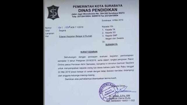 Surat Edaran Dindik Kota Surabaya. (Foto: Istimewa)
