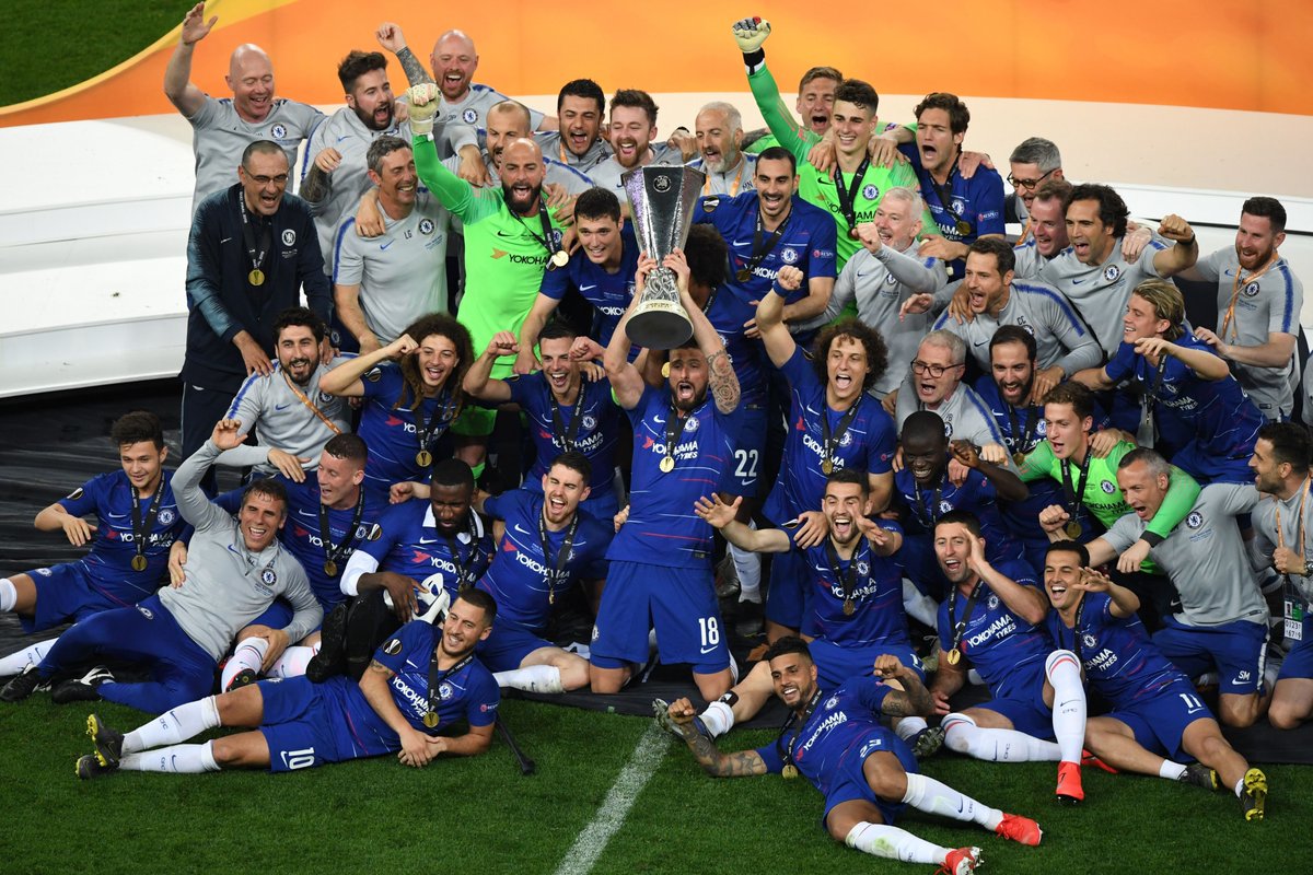 Chelsea pesta juara Liga Europa setelah menundukkan Arsenal 4-1 di final, Kamis 30 Mei 2019 di Baku Olimpiya Stadium, Azerbaijan. (Foto: Twitter/@ChelseaFC)