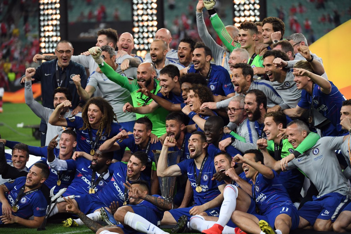 Para pemain Chelsea merayakan gelar juara Europe League 2018/2019. (Foto: Twitter@ChelseaFC)