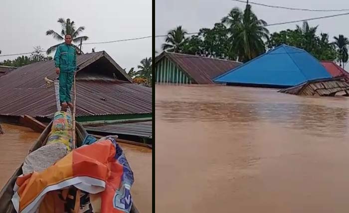 Hampir seribu rumah benar-benar tenggelam akibat banjir yang melanda wilayah di Kabupaten Kanawe Utara di Sulawesi Tenggara, hari ini Senin 10 Juni 2019. (Foto:istimewa)