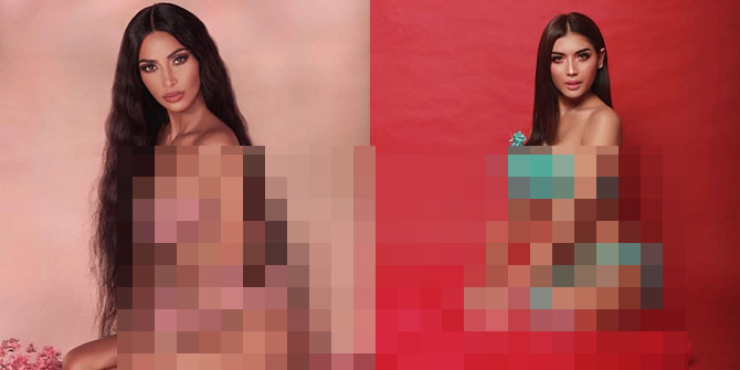 Millendaru (kanan) berpose dengan bikini bunga-bunga mirip Kim Kardashian.