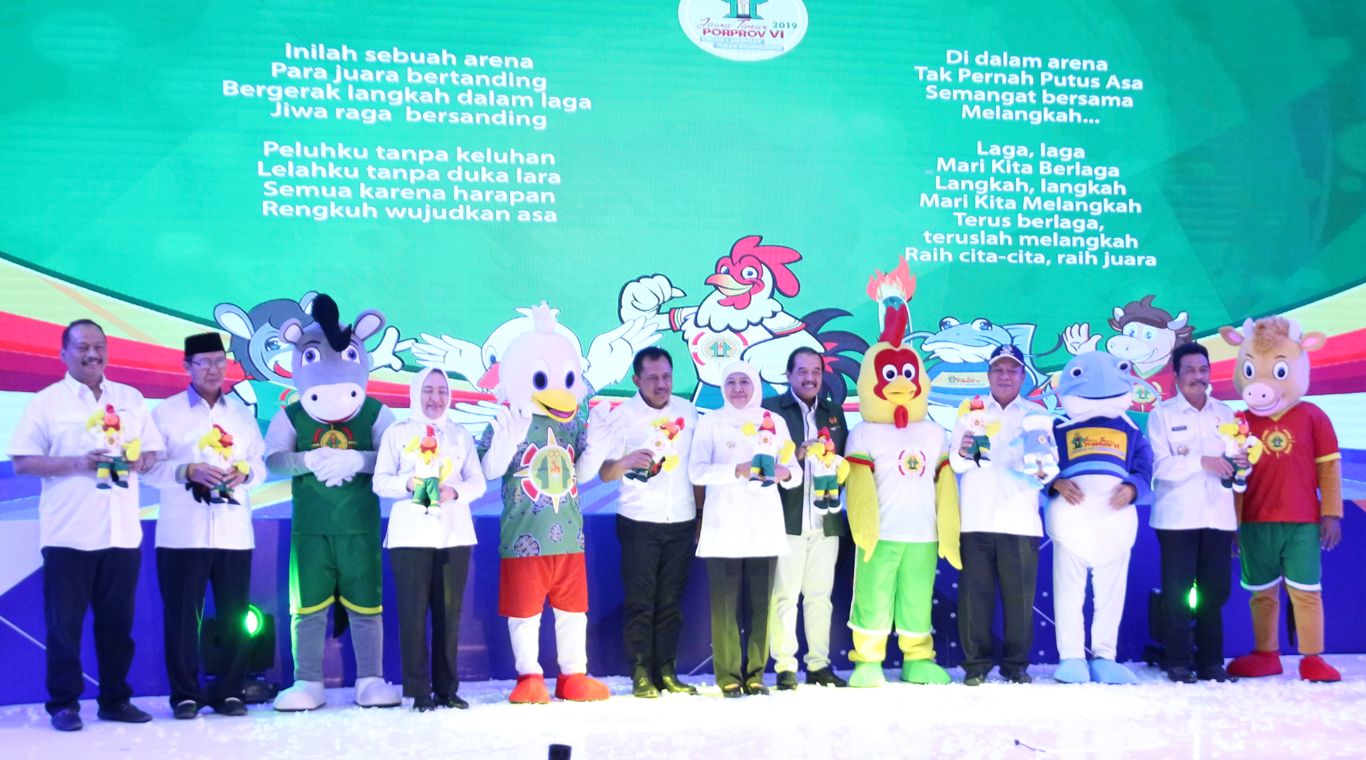 Gubernur Jawa Timur, Khofifah Indar Parawansa resmi merilis maskot dan logo Pekan Olahraga Provinsi (Porprov). (Foto: Haris/ngopibareng.id)