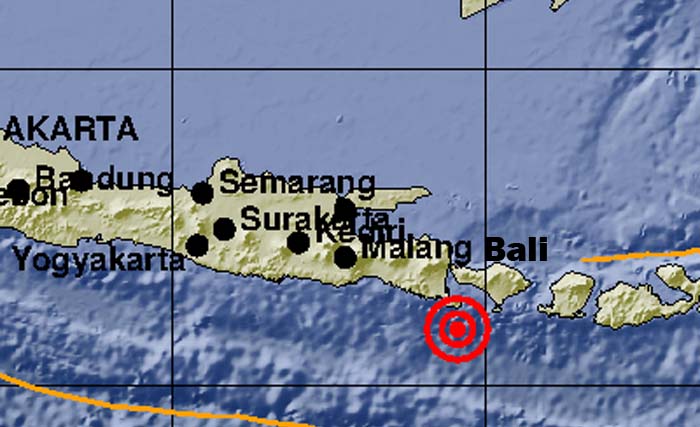 Pusat gempa di selatan Pulau Bali, dengan kekuatan 6 SR. (Foto:BMKG)