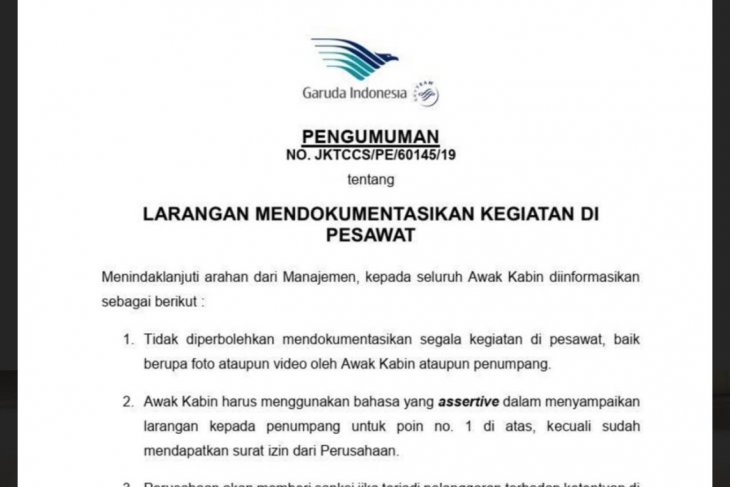 Surat Larangan Memotret di dalam Pesawat Garuda Indonesia (Istimewa)