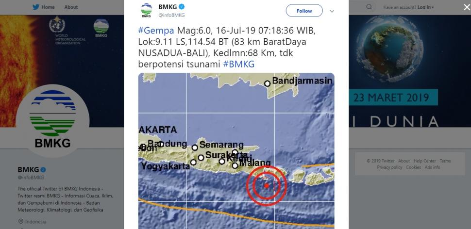 Pengumuman gempa di Bali oleh Badan Meteorologi, Badan Meteorologi, Klimatologi, dan Geofisika (BMKG). 