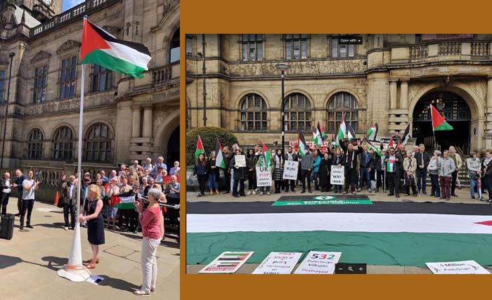 Pengibaran bendera Palestina di depan Balai kota Sheffield oleh staf pemerintah kota (kiri). Foto bersama usai pengibaran bendera Palestina di depan Balai Kota Sheffield. (Foto:Wafa)