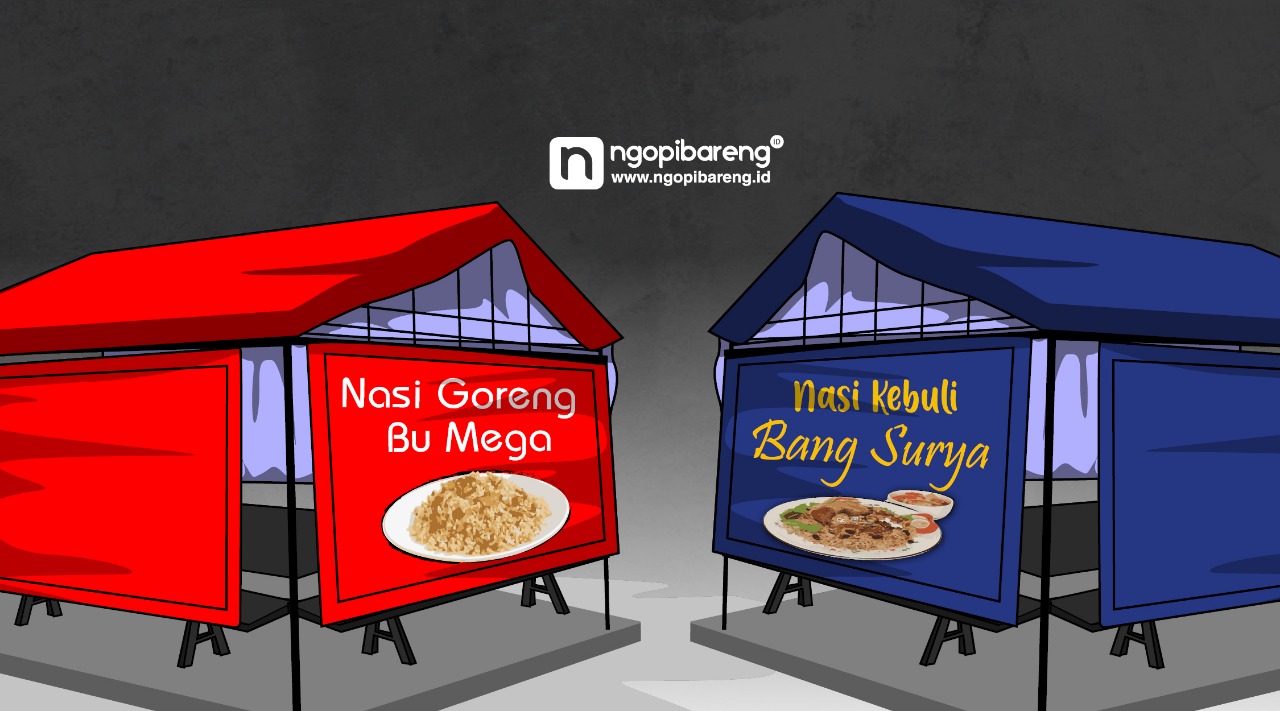 Ilustrasi nasi goreng Megawati vs nasi kebuli Surya Paloh