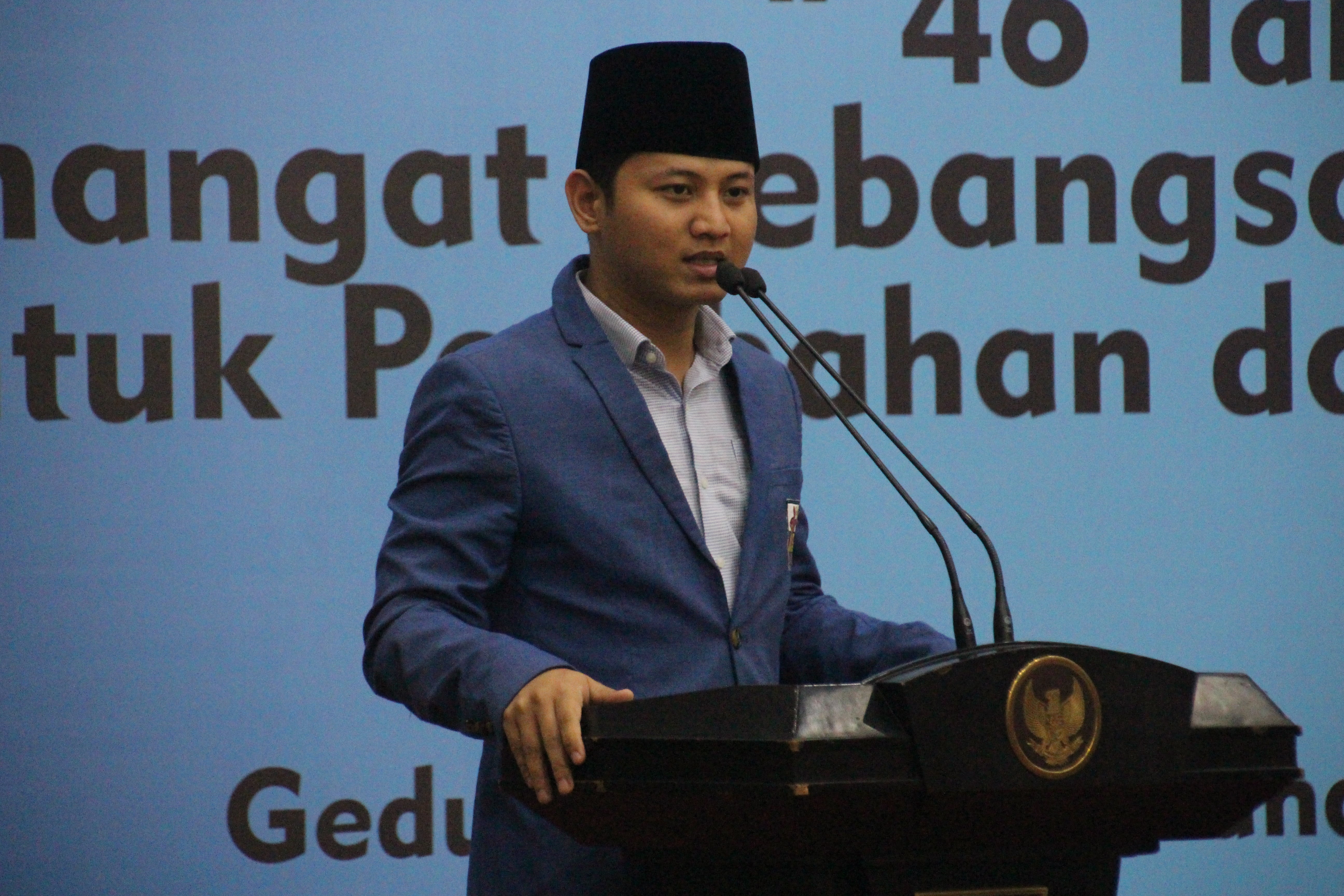 Bupati Trenggalek Mochamad Nur Arifin saat memberi sambutan di Rakerda KNPI Jatim di Grahadi, Surabaya. (Foto: Faiq/ngopibareng.id)