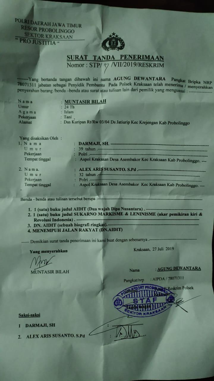 Surat pemeriksaan dua pegiat literasi di Kabupaten Probolinggo, Jawa Timur.