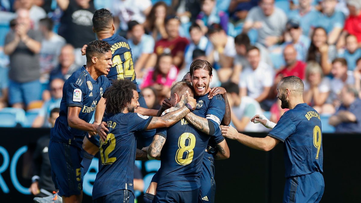 Para pemain Real Madrid merayakan kemenangan atas Celta Vigo. (Foto: Twitter @RealMadridCF)