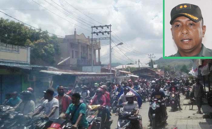 Massa demonstrasi bergerak dari Wamena menuju Jayapura, Kamis siang waktu setempat. Inzet, .Dandim 1701 Jayapura, Letkol Inf Johanes Parinusa. (Foto:Antara)