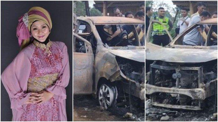 Aulia kesuma dan mobil terbakar yang ditumpangi suami dan anaknya. (Foto: istimewa)