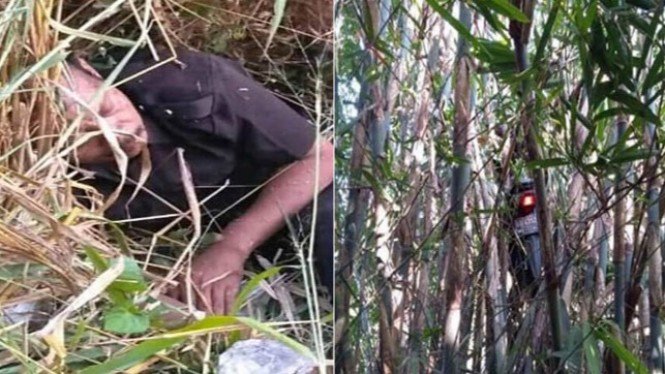 Driver ojek online motornya nyangkut d pohon bambu. Lokasinya tepat dibawah tebing Kali Kranduan, Dusun Jenengan, Desa Maguwoharjo, Kecamatan Depok, Kabupaten Sleman, Senin 9 September 2019.