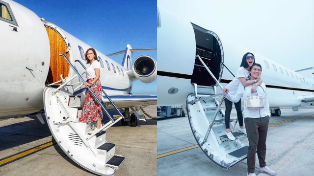 Pasangan Syahrini dan Reino Barack naik jet pribadi mirip yang ditumpangi pasangan Maia Estianty dan Irwan Mussry. (Foto: Instagram Maia Estianty dan Syahrini)