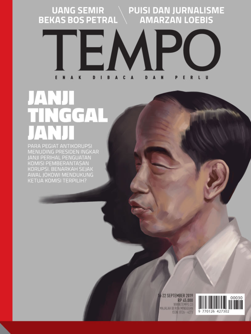 Sampul Majalah Tempo karikatur Presiden Joko Widodo (Jokowi) dengan bayangannya hidung seperti pinokio.