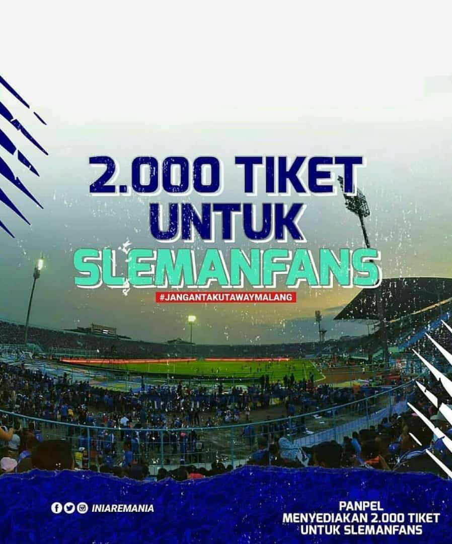 Poster penyediaan 2 ribu tiket away bagi supporter PSS Sleman jelang laga kontra Arema FC, Selasa 24 September 2019. (Foto: Dok. Istimewa)