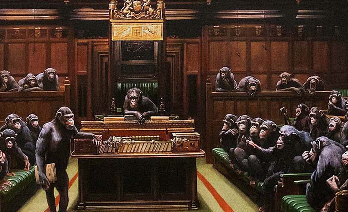 Parlemen Monyet, lukisan karya Banksy ini aslinya berjudul Devolved Parliament. (Foto:Reuter) 