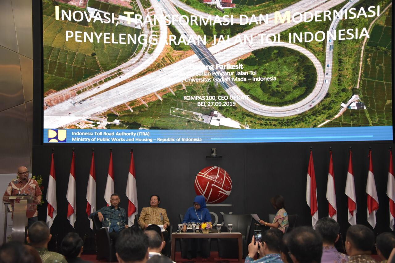 Menteri PUPR Basuki Hadimuljono yang menjadi narasumber dalam acara Diskusi Kompas 100 CEO Update bertajuk "Masa Depan Jalan Tol Indonesia" di Gedung Bursa Efek Indonesia (BEI), Jakarta, Jumat 27 September 2019. 