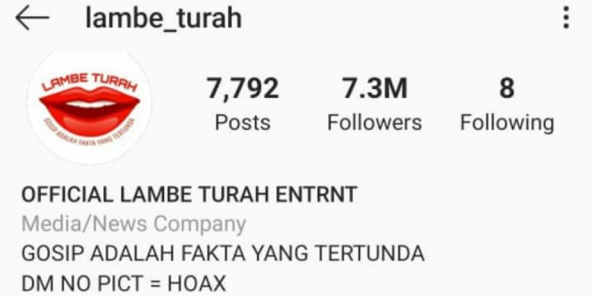 Akun gosip Instagram Lambe Turah hilang.