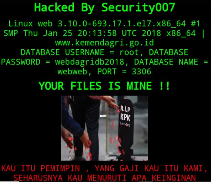 Tampilan situs Kementerian Dalam Negeri (Kemendagri) yang sempat dibajak hacker pada 23 September 2019.