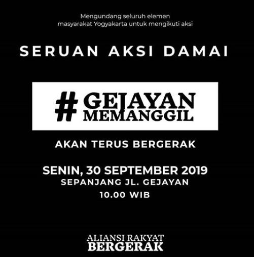 Aksi #GejayanMemanggil jilid 2 digelar Senin, 30 September 2019. (Foto: Instagram @gejayanmemanggil)