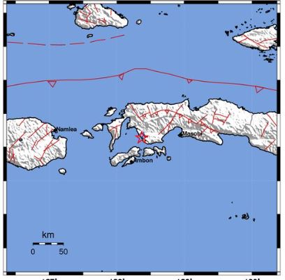 Gempa atau lindu mengguncang  Kairatu, Kabupaten Seram Bagian Barat, dan Maluku sebanyak tiga kali dalam sehari. (Foto: Twitter BMKG)
