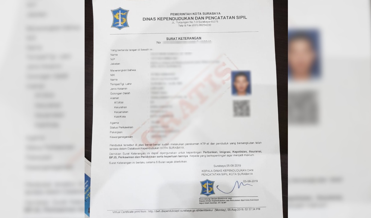 Ilustrasi Surat Keterangan yang dikeluarkan oleh Pemkot Surabaya yang dilengkapi denga barcode. (Foto: Alief/ngopibareng.id)