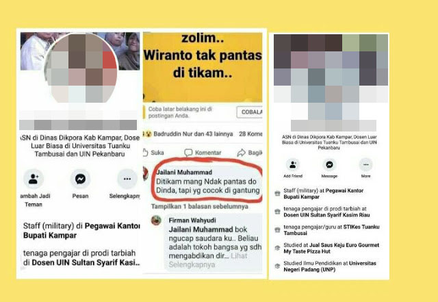 Akun Facebook seorang Aparatur Sipil Negara (ASN atau PNS) Kabupaten Kampar, soal penusukan Menteri bidang Politik Hukum dan Keamanan (Menko Polhukam) Wiranto.