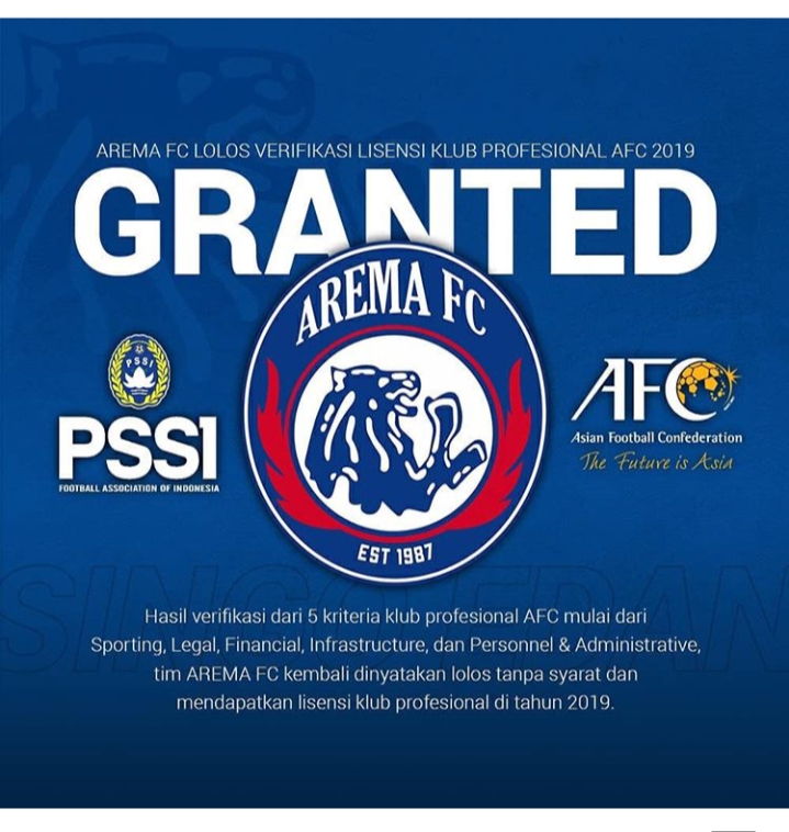 Poster ucapan selamat atas diraihnya lisensi klub profesional AFC 2019 (dok: Instagram @aremaofficial