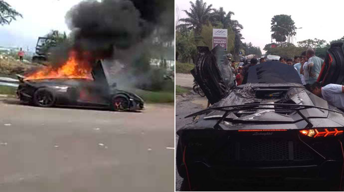 Mobil Lamborghini Aventador Raffi Ahmad terbakar di Sentul, Jawa Barat, Sabtu 19 OKtober 2019.