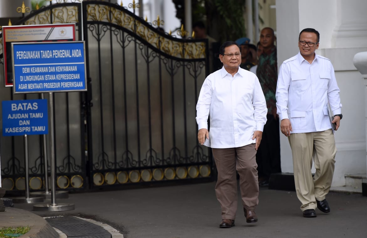 Ketua Umum Partai Gerindra Prabowo Subianto dan Wakil Ketua Umum Partai Gerindra Edhy Prabowo datang ke Istana Negara untuk memenuhi panggilan Presiden Joko Widodo terkait jatah menteri.