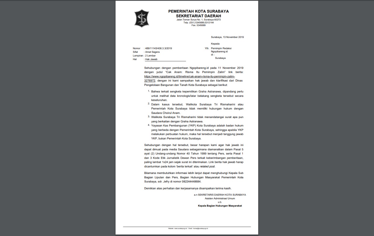 Surat hak jawab pemkot Surabaya terkait berita di ngopibareng.id. (Foto: Tangkapan foto surat hak jawab)