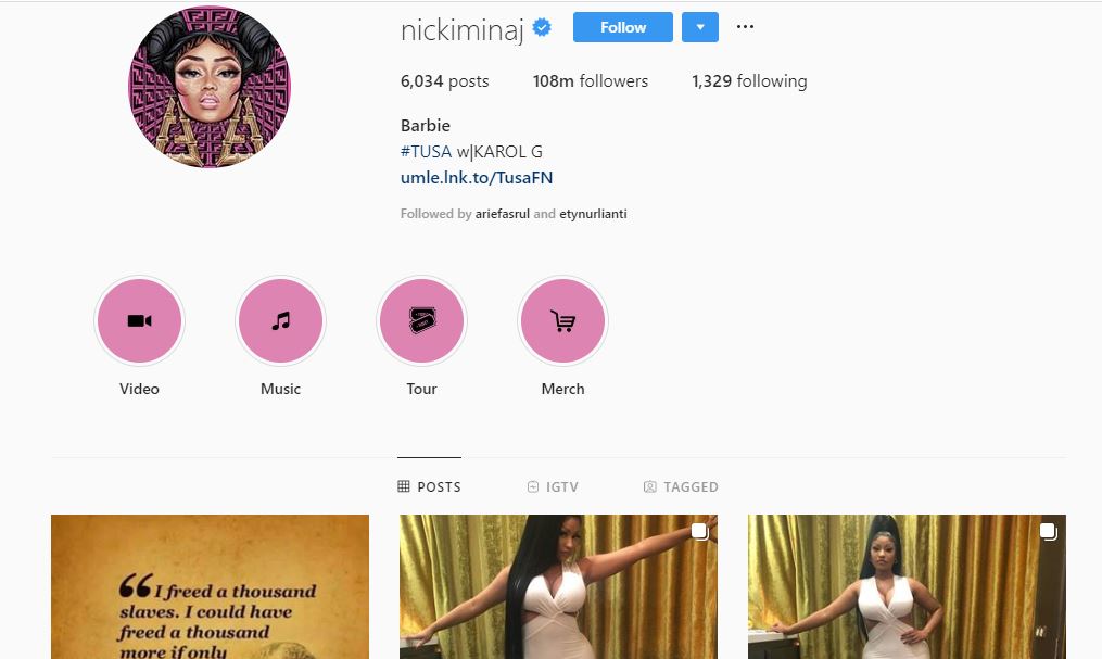 Instagram penyanyi sekaligus artis Nicki Minaj. (Foto: Instagram)
