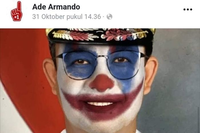 Foto wajah Gubernur DKI Jakarta, Anies Baswedan, dijadikan meme Joker dan diunggah di akun Facebook Ade Armando. (Foto: Facebook Ade Armando)
