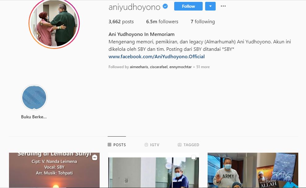 Instagram Ani Yudhoyono diaktifkan pada Minggu, 1 Desember 2019. (Foto: Instagram @aniyudhoyono)