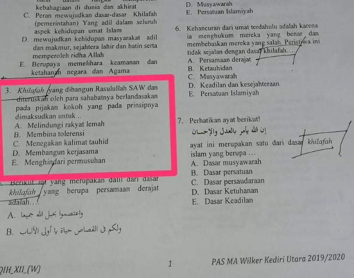 Lembaran soal mata pelajaran Fiqih untuk Madrasah Aliyah yang mengandung kata-kata khilafah. (Foto: istimewa)