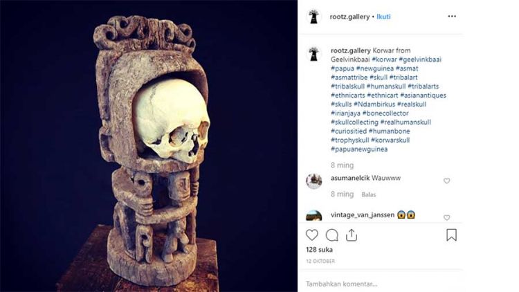 Tengkorak kepala asmat dari Teluk Cenderawasih yang dijual melalui akun instagram. (Foto: Instagram @rootz.gallery)