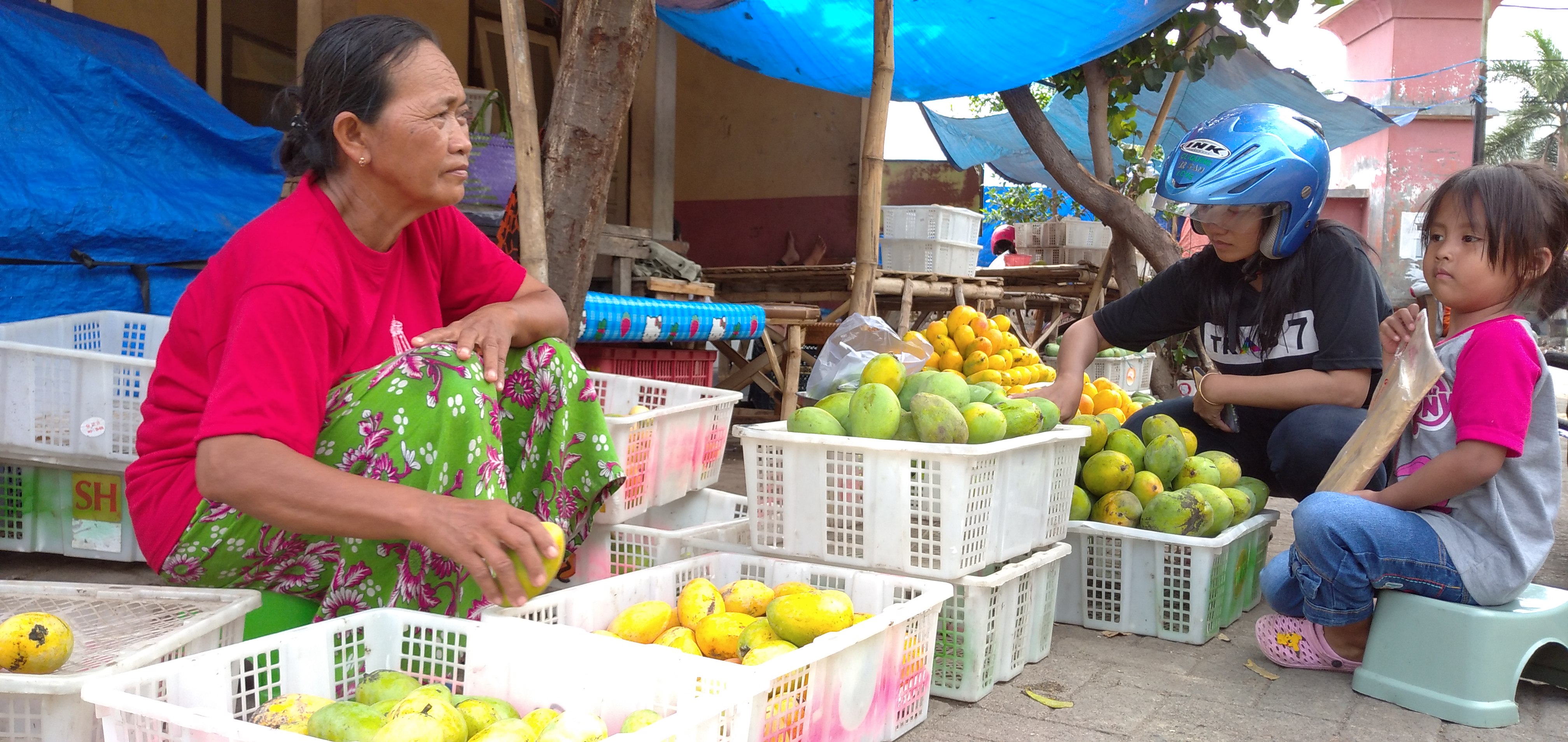 Salah satu pedagang buah mangga podang khas Kediri di Pasar Kecamatan Banyakan, Kabupaten Kediri. (Foto: Fendi/ngopi bareng.id)