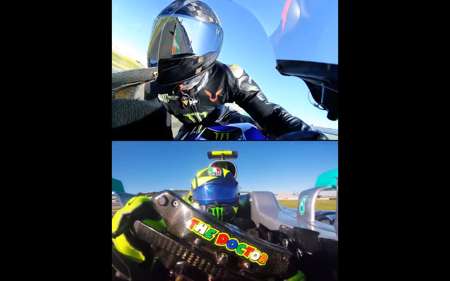 Tangkapan Layar dari video unggahan Monster yang menunjukkan Valentino Rossi dan Lewis Hamilton bertukar tunggangan.