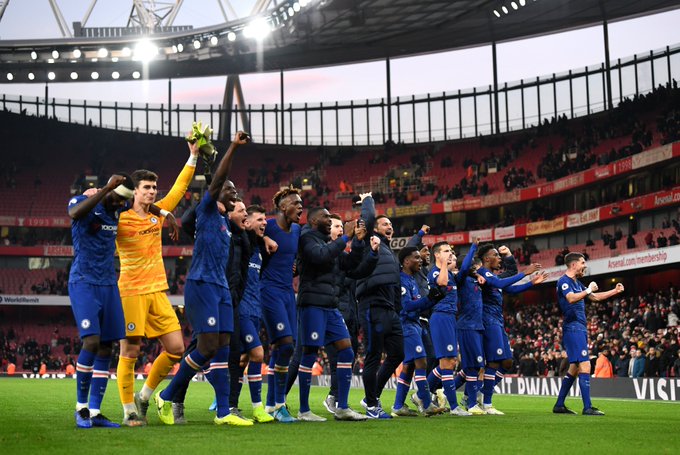 Para pemain Chelsea merayakan kemenangan atas Arsenal di pekan ke-20 Premier League 2019-2020, Minggu 29 Desember 2019. (Foto: Twitter/@ChelseaFC) 