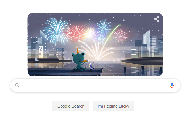 Google Doodle menampilkan gambar katak meniup terompet dan gemerlap kembang api untuk menyambut Tahun Baru 2020. (Foto: Google).