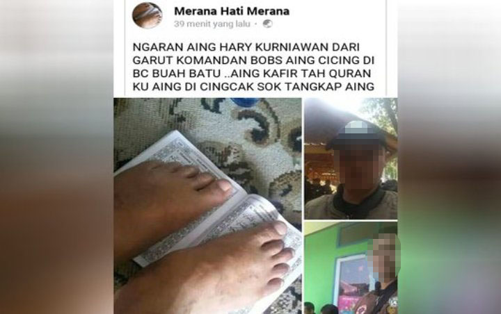 Harry Kurniawan melalui akun Facebook @Merana Hati Merana, mengunggah beberapa foto aksinya menginjak Alquran. (Foto: Facebook @Merana Hati Merana)